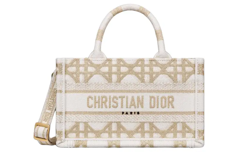 DIOR BookTote Embroidery Tote Bag, Shopping Bag, Shoulder Bag, Crossbody Bag, Handbag Mini Women's White & Gold