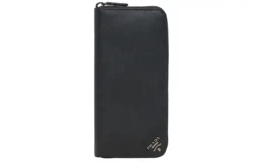 PRADA Saffiano Long Cow Leather Wallet Men's Black With Gold Text