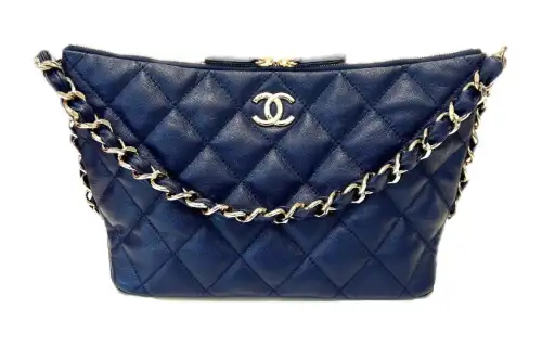 CHANEL Litchi Grain Cow Leather Handbag, Shoulder Bag Large Women's Marine Blue