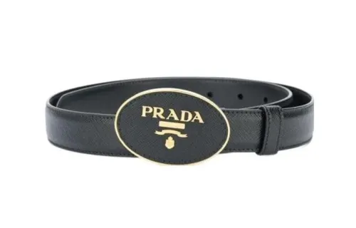 PRADA Logo Buckle Ring Leather Belts Women's Black Width 2.5CM
