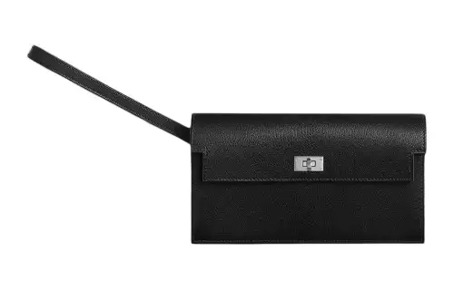 HERMES Kelly Pocket Silver Tone Buckle Chamkila Goat Skin Clutch Women's 89 Noir Black