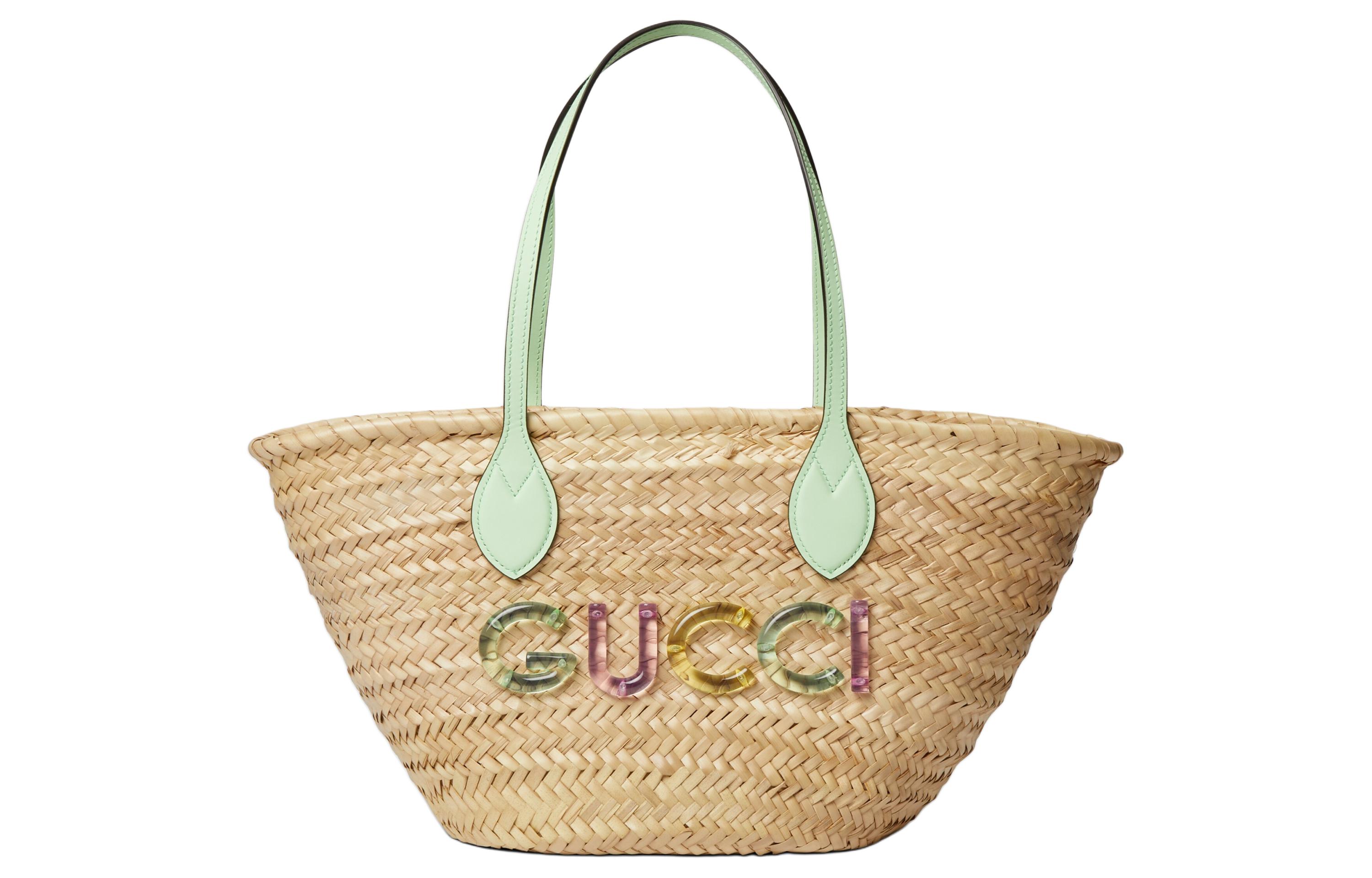 GUCCI Straw Woven Handbag Small Women's Light Green