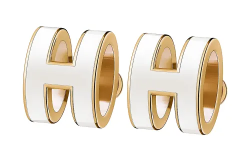 HERMES POP H Gold Plated Stud Earrings Women's White, With Gold Inlay