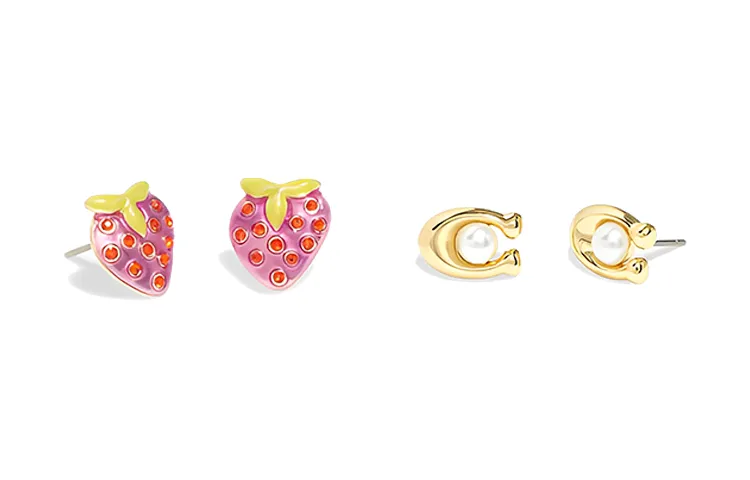 COACH Brass Plated Stud Earrings Women's Pink/Gold Set