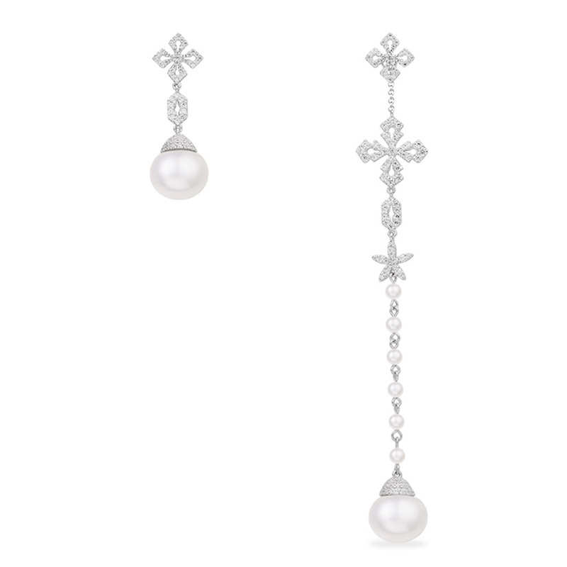 Apm monaco asymmetric cross long pearl earrings for women silver