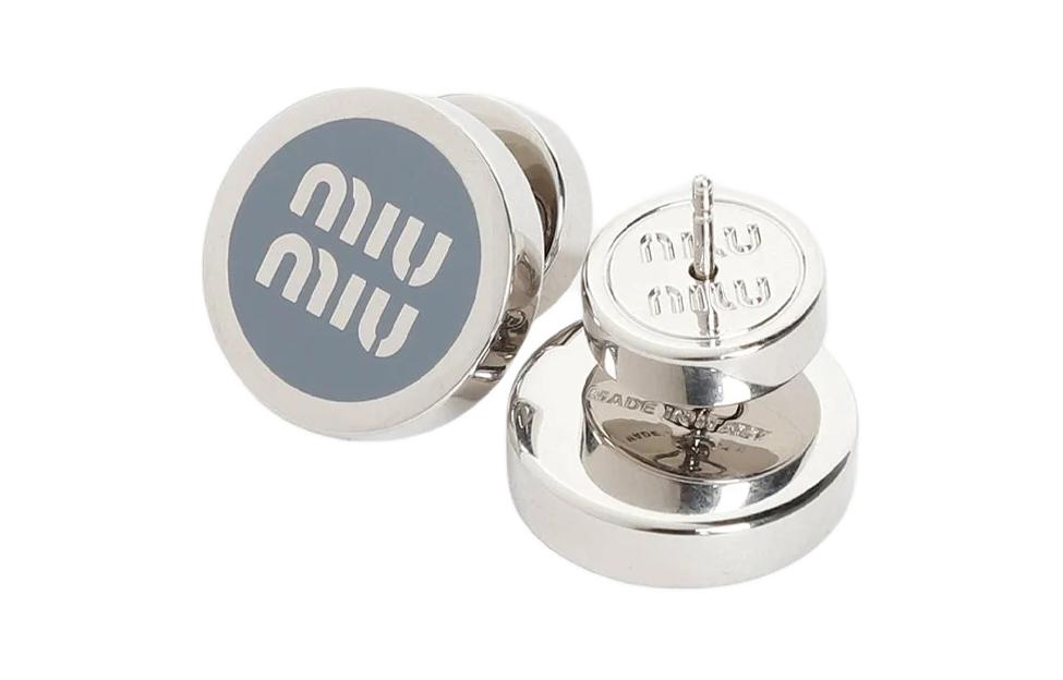 MIU MIU Miu Miu Logo Engraving Brass Enamel Stud Earrings Women's Silver