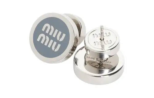 MIU MIU Miu Miu Logo Engraving Brass Enamel Stud Earrings Women's Silver