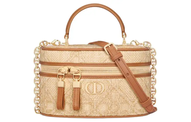 DIOR Caro Wicker Pattern Raffia Fiber Handbag, Shoulder Bag, Crossbody Bag Mini Women's Natural
