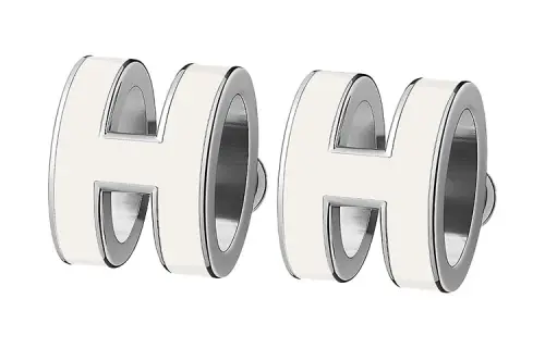HERMES POP H Palladium Plated Metal Parts Stud Earrings Women's White, With Silver Inlay