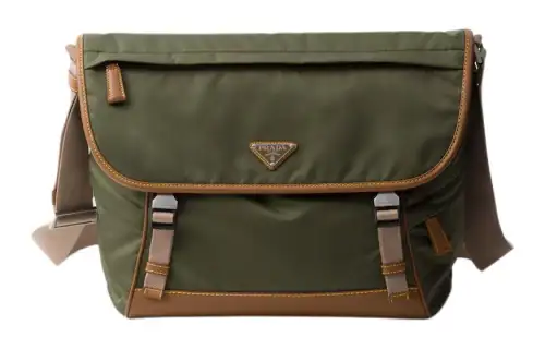 PRADA Recycled Nylon With Leather Crossbody Bag, Shoulder Bag Men's Army Green & Caramel