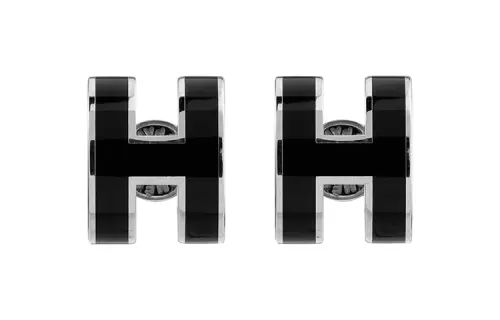 HERMES Enamel Stud Earrings Women's Black, With Silver Inlay