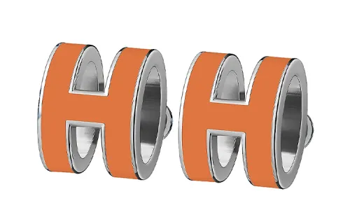 HERMES POP H Stud Earrings Women's Orange With Silver Edge