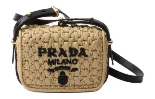 PRADA Raffia With Leather Shoulder Bag, Crossbody Bag Women's Beige & Black