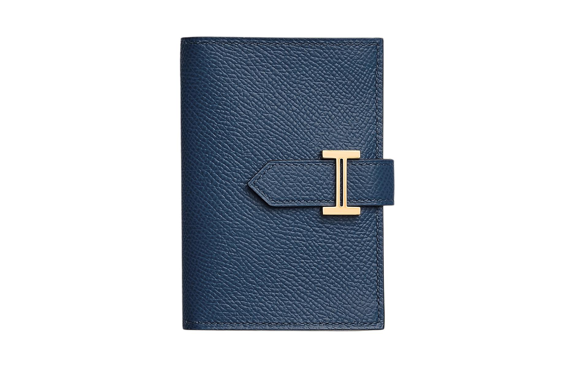 HERMES Bearn Gold tone Lock Epsom Leather Wallet Card Holder Women's 7U Navy