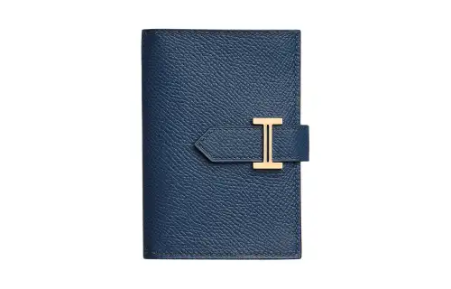 HERMES Bearn Gold tone Lock Epsom Leather Wallet Card Holder Women's 7U Navy