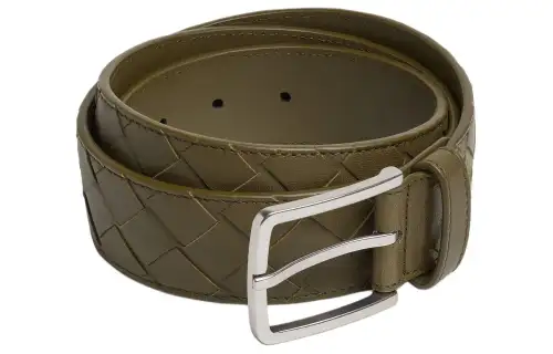 Bottega Veneta Silver Pin Buckle Design Calfskin Leather Belts Men's Green Width 3.5CM