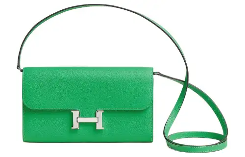 HERMES Evercolor Calfskin With Cavale Canvas Wallet, Crossbody Bag Women's Comic Green & Light Green & Bubble Green