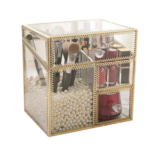 Retro glass lipstick, lip gloss, golden makeup box, cosmetic perfume, table storage box, European style