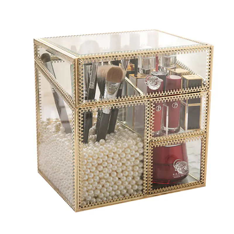 Retro glass lipstick, lip gloss, golden makeup box, cosmetic perfume, table storage box, European style