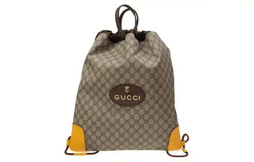 GUCCI Canvas With Leather Backpack Unisex Ebony/Brown/Yellow