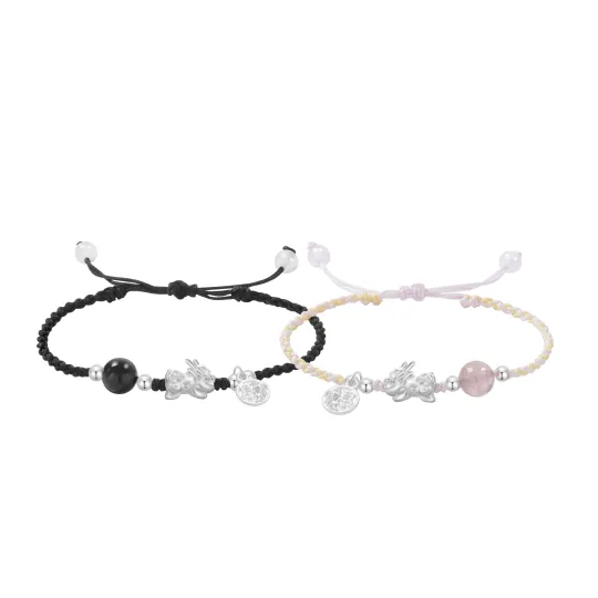 Lao Feng Xiang 990 Silver Obsidian Agate Bracelet Pair Unisex