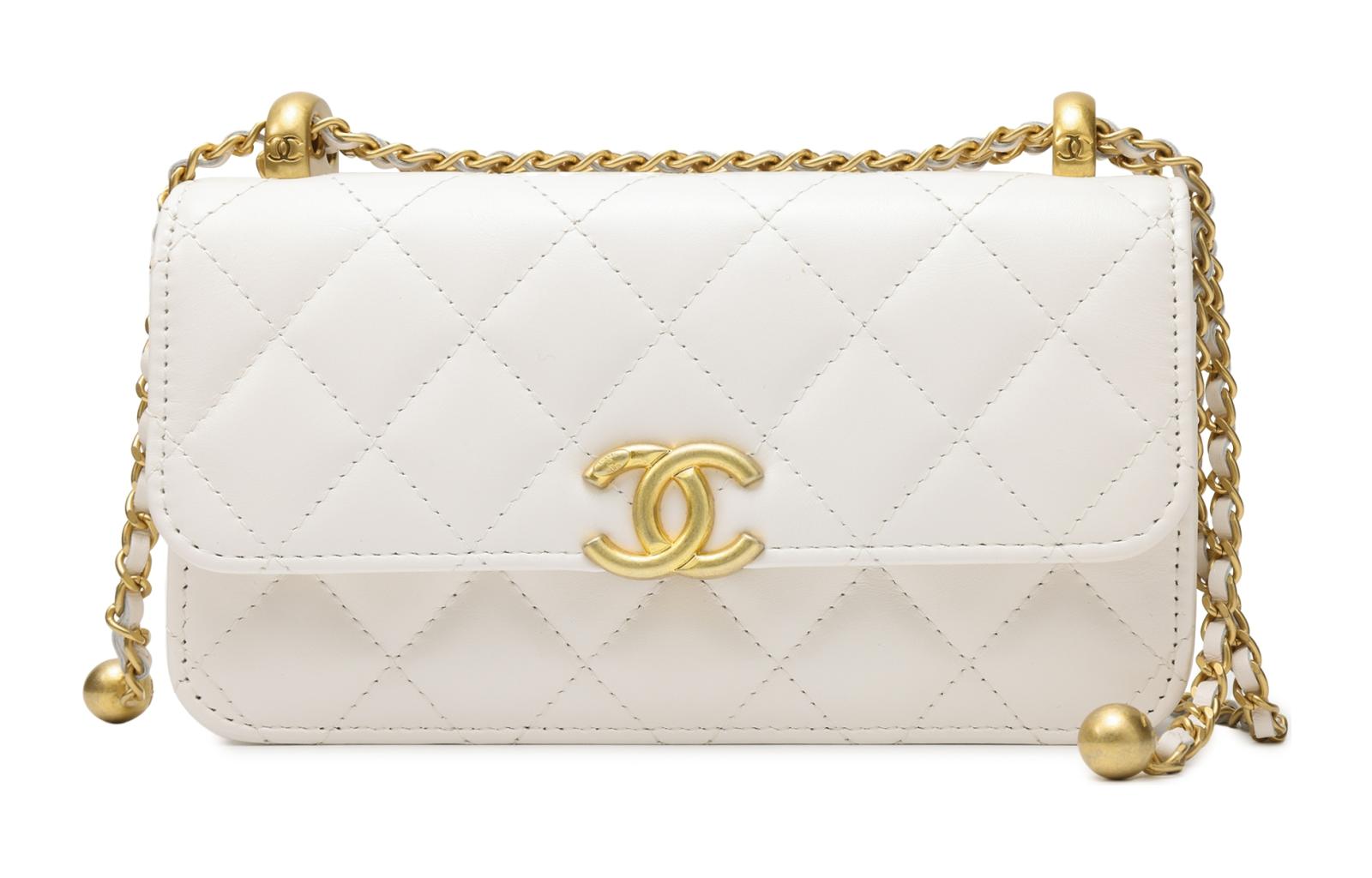CHANEL Chanel 24C early spring vacation series gold buckle rhombus leather chain small gold ball shiny calfskin crossbody bag women's white