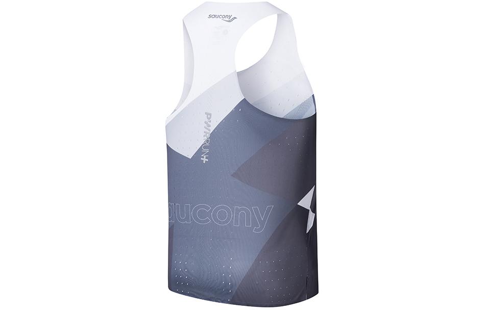 Saucony SS24 Running Tank Top Men’s White Base With Black And Gray Colorblock Print Set