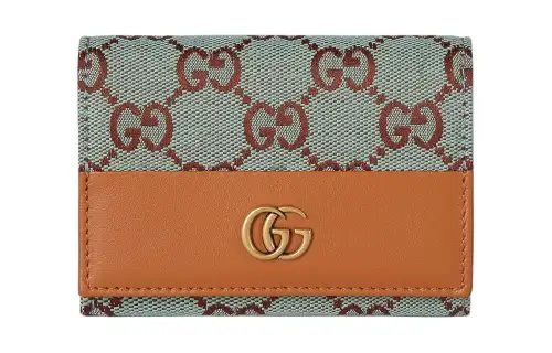 GUCCI Canvas With Leather Trim Card Holder Women's Light Blue & Brown