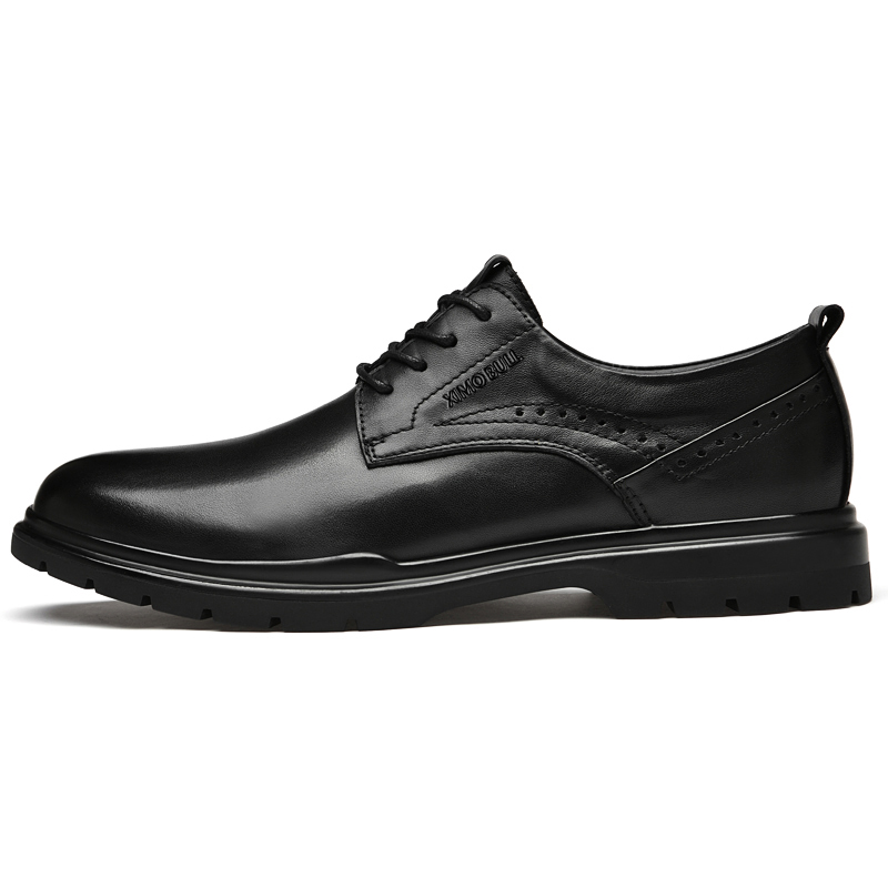 Ximo BULL Top Cowhide British style Business Classic retro genuine leather young temperament Thick sole soft sole Height-enhancing versatile Brock Simple and comfortable Lace-up Gentleman Wedding dinner Workplace formal leather shoes Men's black