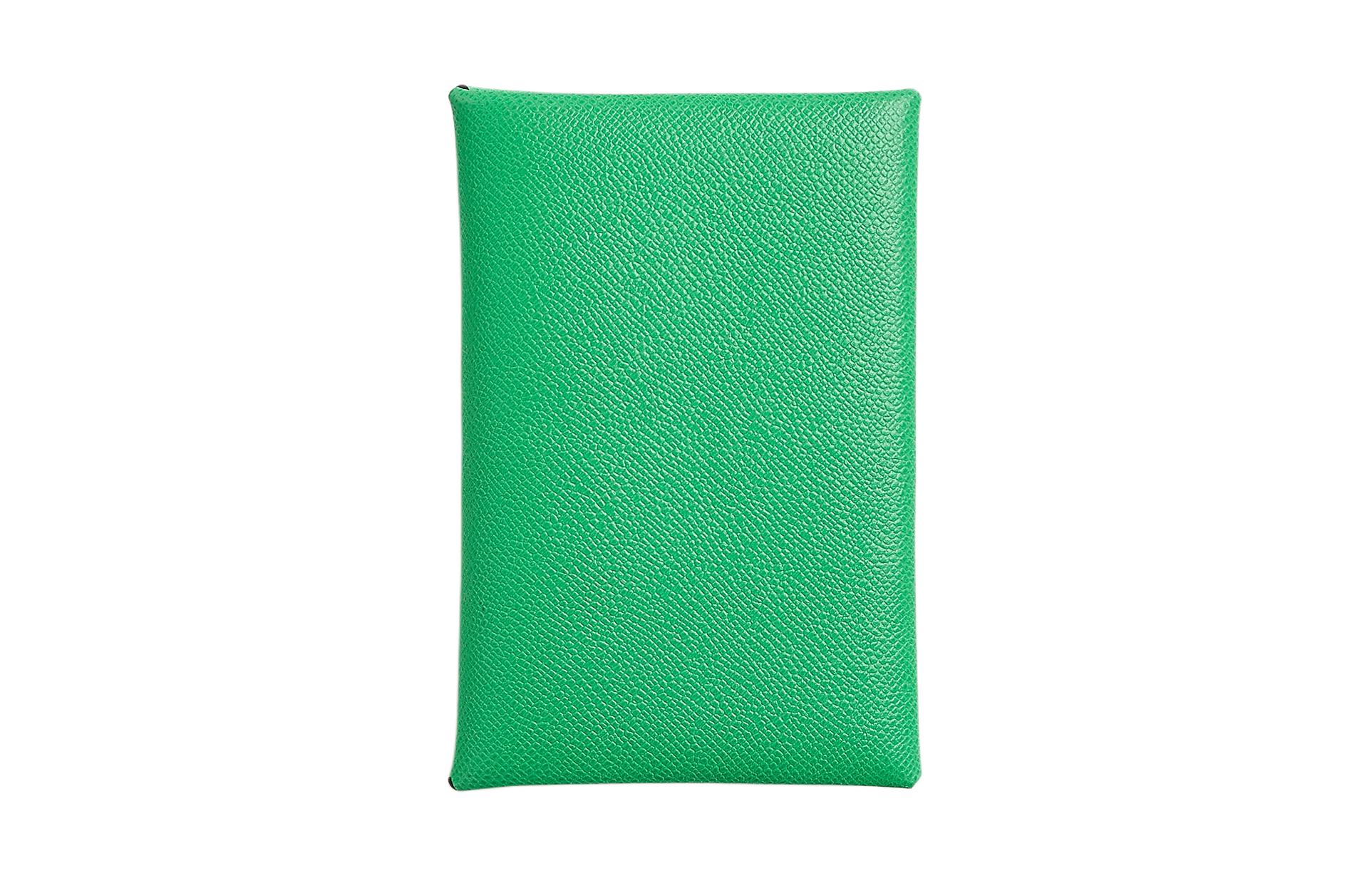 HERMES Calvi Silver Tone Buckle Madame Calfskin Card Holder Women's 0Z Vert Comics Comic Green