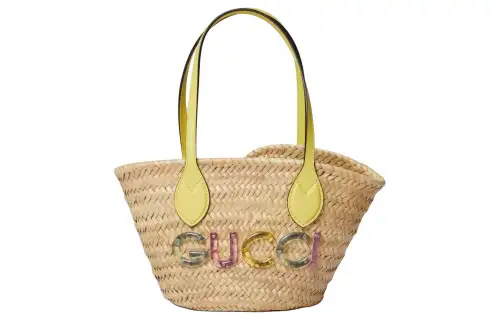 GUCCI Natural Woven Straw Tote Bag, Shopping Bag, Shoulder Bag, Handbag Mini Unisex Beige