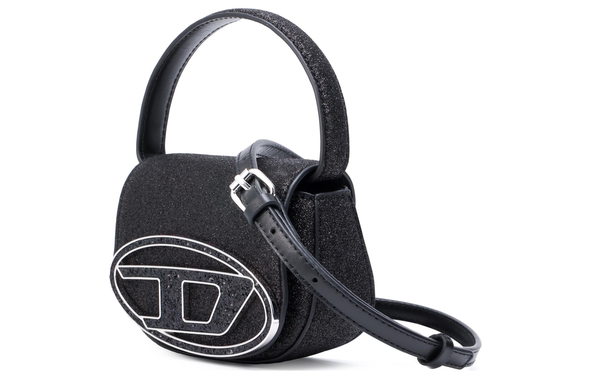 DIESEL metal oval logo removable adjustable shoulder strap fabric handbag shoulder bag for women in black