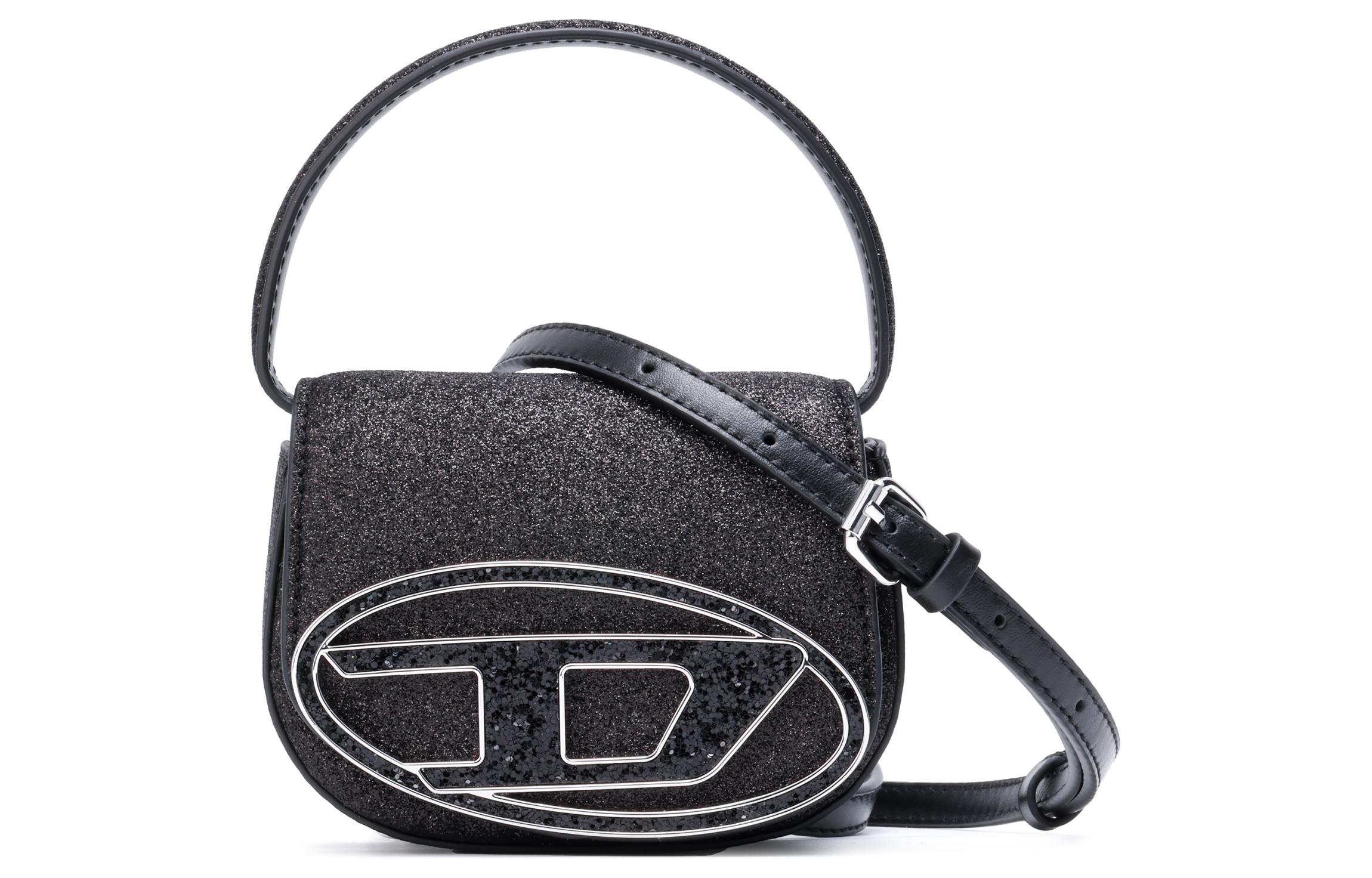DIESEL metal oval logo removable adjustable shoulder strap fabric handbag shoulder bag for women in black