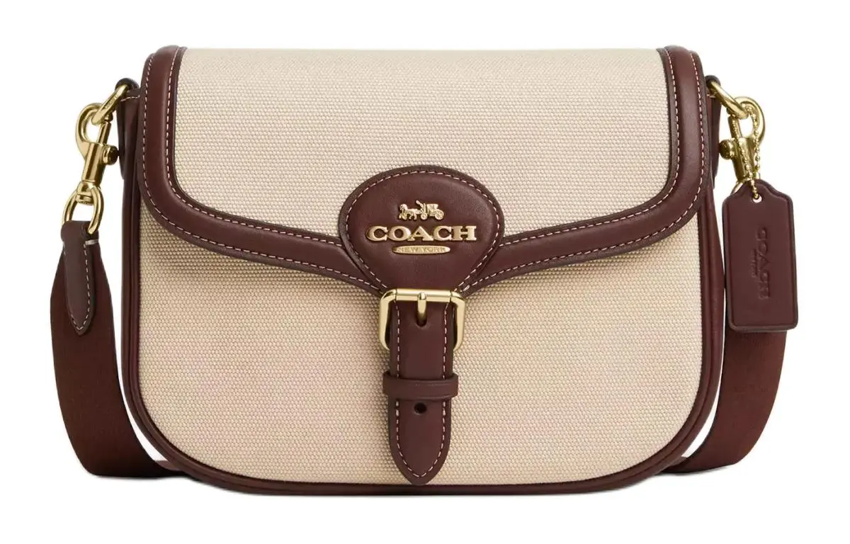 COACH Amelia Canvas Saddle Bag, Shoulder Bag, Crossbody Bag Medium Women's Gold & Natural Multicolor