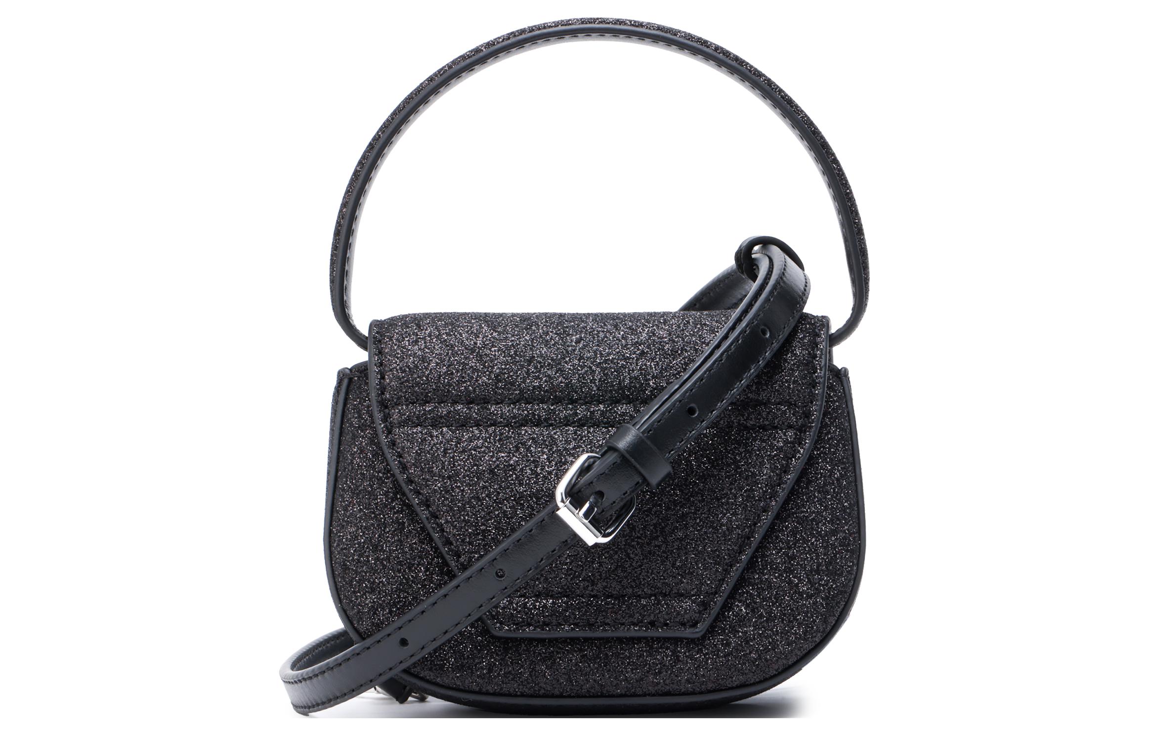 DIESEL metal oval logo removable adjustable shoulder strap fabric handbag shoulder bag for women in black