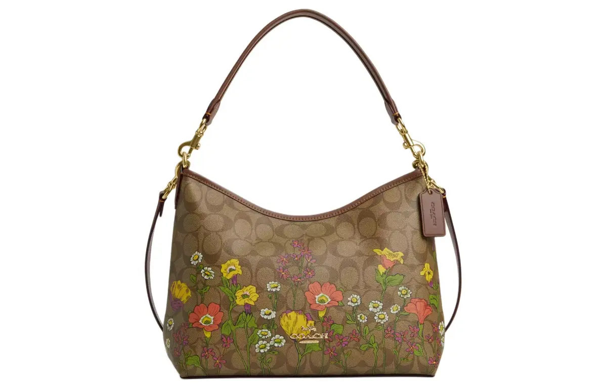 COACH Coated Canvas And Smooth Leather Handbag Large Women's Gold & Khaki & Multicolor