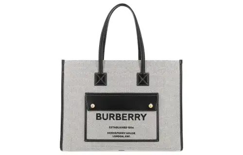 Burberry Freya Canvas With Leather Tote Bag, Shopping Bag, Canvas Bag, One Shoulder Handbag Medium Women's Gray/Black