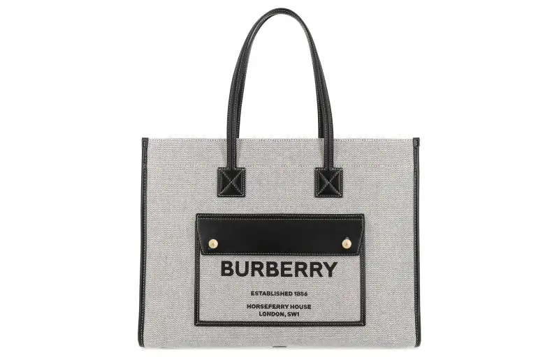 Burberry Freya Canvas With Leather Tote Bag, Shopping Bag, Canvas Bag, One Shoulder Handbag Medium Women's Gray/Black