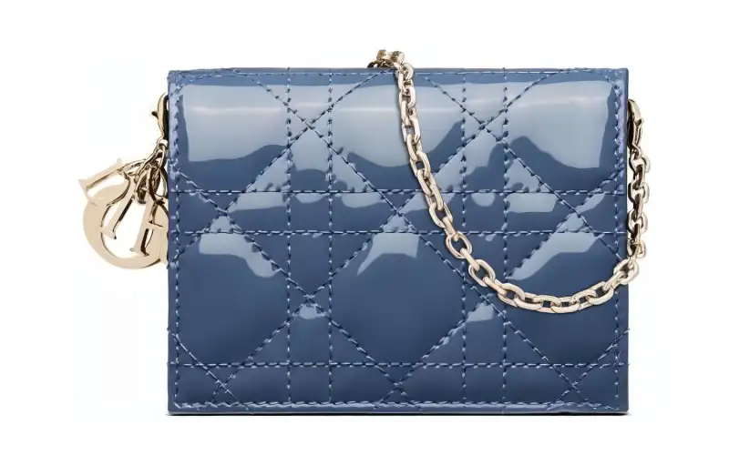 DIOR Lady Dior Patent Leather, Cow Leather Card Holder Women's Denim Blue