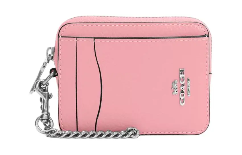 COACH Card Case Pebbled Leather Card Holder Regular Women's Silver & Floral Pink