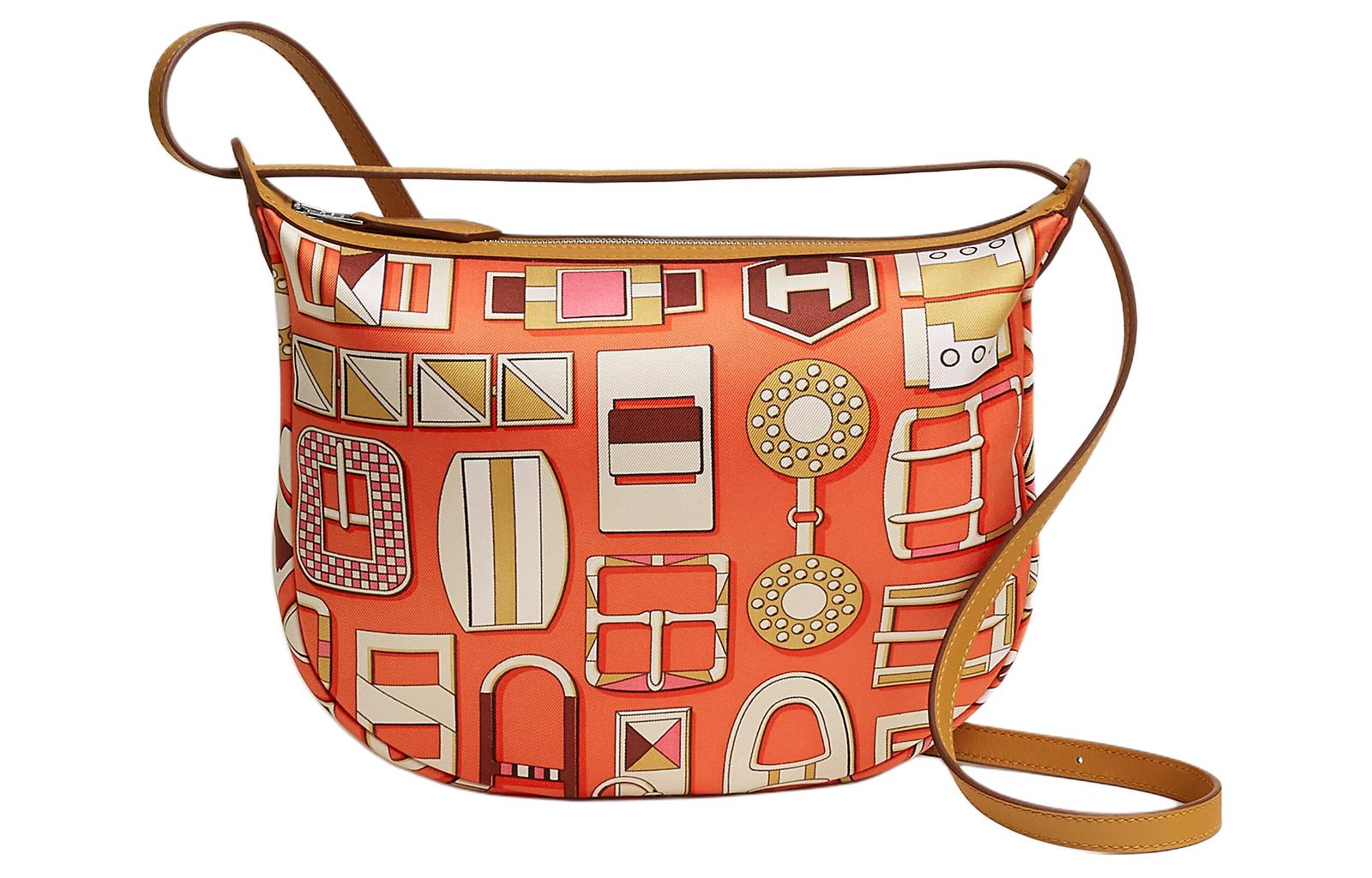 HERMES Silky Silk And Swift Calfskin Shoulder Bag, Crossbody Bag, Makeup Bag Women's Orange & Light Tea Brown & Sesame