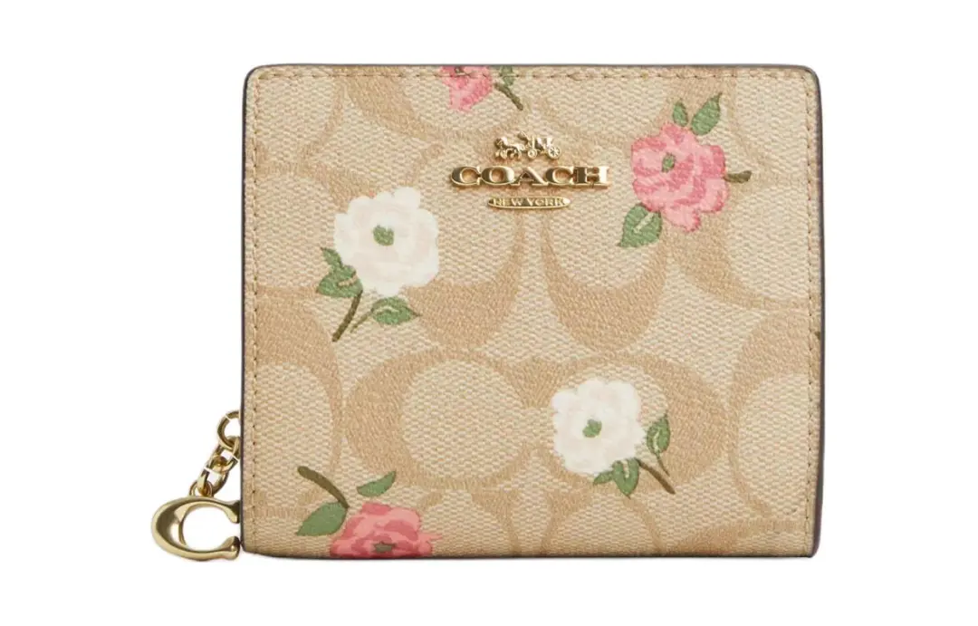 COACH Snap Wallet Iconic Coated Canvas With Smooth Leather Wallet Women's Gold & Light Khaki & Chalk Multicolor