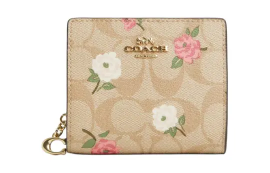 COACH Snap Wallet Iconic Coated Canvas With Smooth Leather Wallet Women's Gold & Light Khaki & Chalk Multicolor