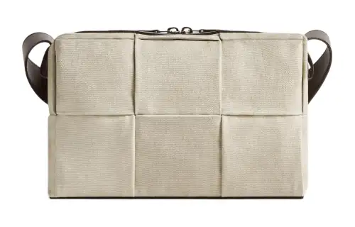 Bottega Veneta Calfskin Camera Bag, Shoulder Bag, Crossbody Bag Medium Men's Greige Fabric