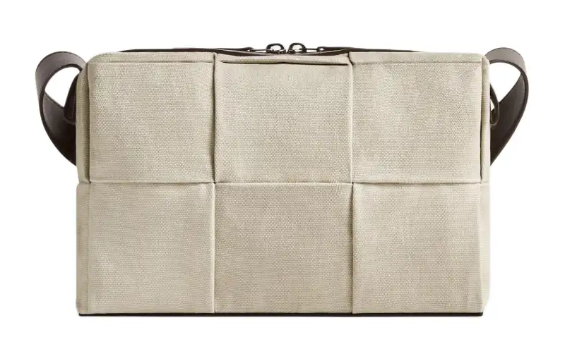 Bottega Veneta Calfskin Camera Bag, Shoulder Bag, Crossbody Bag Medium Men's Greige Fabric