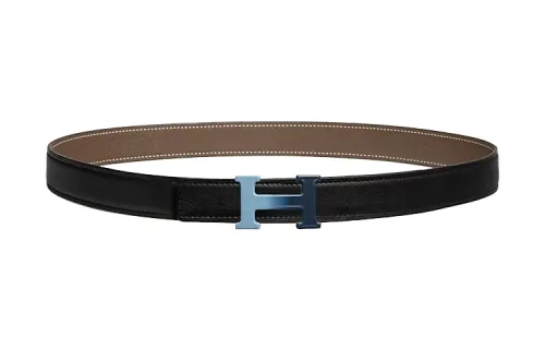 HERMES Double Sided Cow Leather, Alloy, Enamel Smooth Buckle, Belt Men's Black/Elephant Gray Width 2.4cm