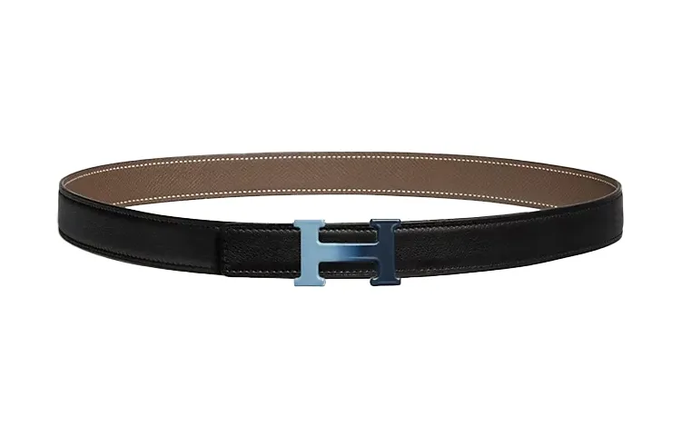 HERMES Double Sided Cow Leather, Alloy, Enamel Smooth Buckle, Belt Men's Black/Elephant Gray Width 2.4cm