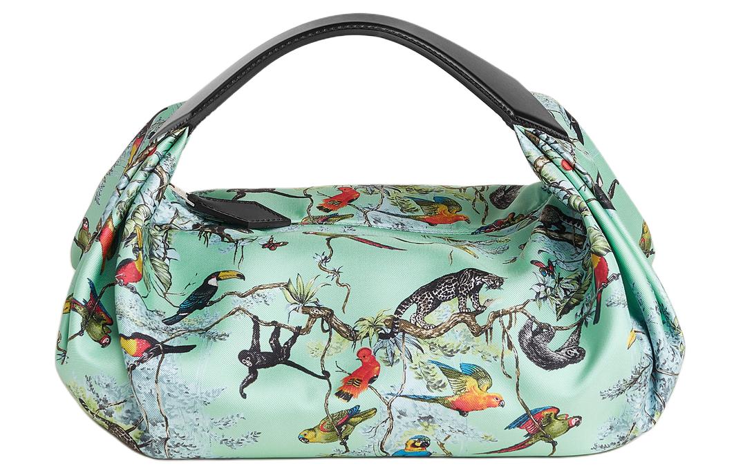 HERMES Balusoie Patterned Print Silk Hunter Cow Leather Lunch Bag Handbag Women's Mint Green & Black