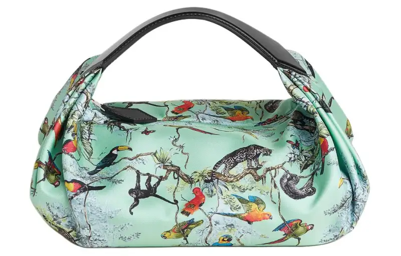 HERMES Balusoie Patterned Print Silk Hunter Cow Leather Lunch Bag Handbag Women's Mint Green & Black