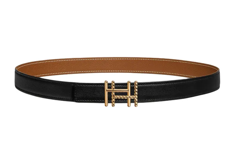 HERMES Interwoven Double H Styling, Smooth Buckle Leather Belts Women's Black/Brown Width 2.4cm
